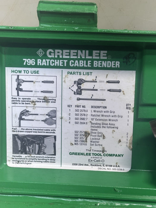 Greenlee 796 manual Cable Ratchet Bender Assembly with Ratchet Extension case #3