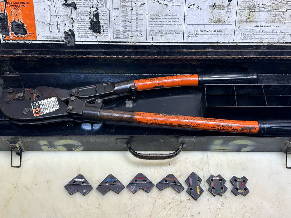 T&B TBM8 THOMAS & BETTS WIRE CABLE HAND CRIMPER WITH 8 DIES AND Steel Box #BG6