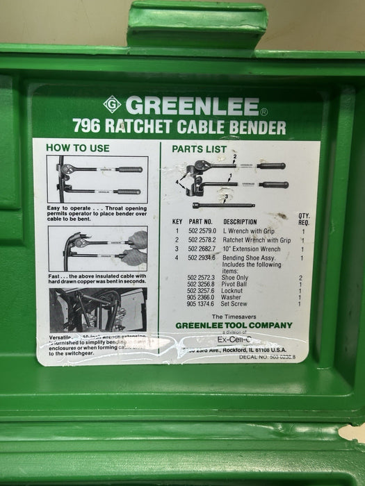 Greenlee 796 manual Cable Ratchet Bender Assembly with Ratchet Extension VT3