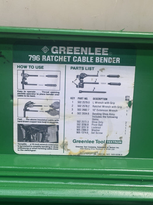 Greenlee 796 manual Cable Ratchet Bender Assembly with Ratchet Extension case #2