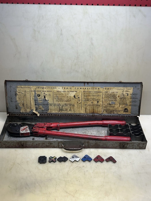 T&B TBM8 THOMAS & BETTS WIRE CABLE HAND CRIMPER WITH 8 DIES AND Steel Box #BG7