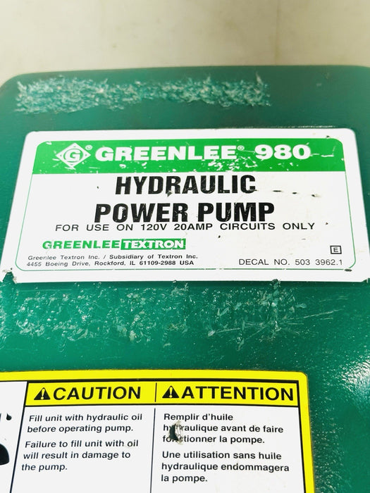 Greenlee 980 Hydraulic Power Pump 120 VAC 20 Amp 10k PSI For Pipe Bender Tested