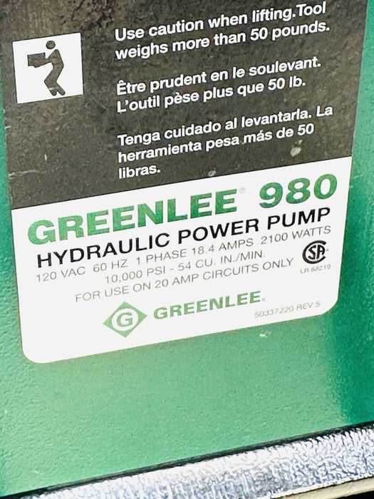 Greenlee 980 Hydraulic Power Pump 120 VAC 20 Amp 10k PSI For Pipe Bender Tested