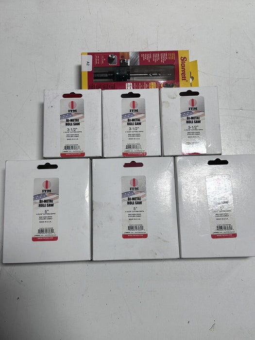 ITM Bi-Metal Hole Saws & Starrett Arbor With Pilot Drill - 7pc Lot 3 1/2” , 5”