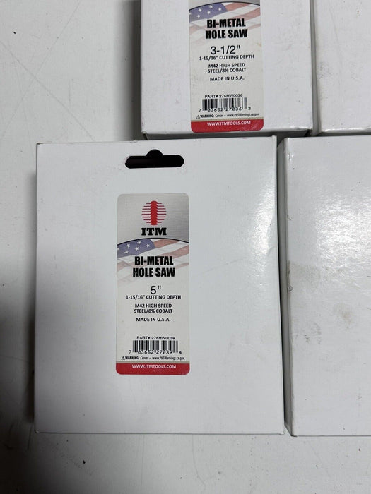 ITM Bi-Metal Hole Saws & Starrett Arbor With Pilot Drill - 7pc Lot 3 1/2” , 5”