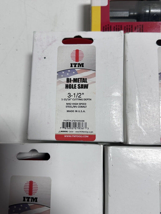 ITM Bi-Metal Hole Saws & Starrett Arbor With Pilot Drill - 7pc Lot 3 1/2” , 5”