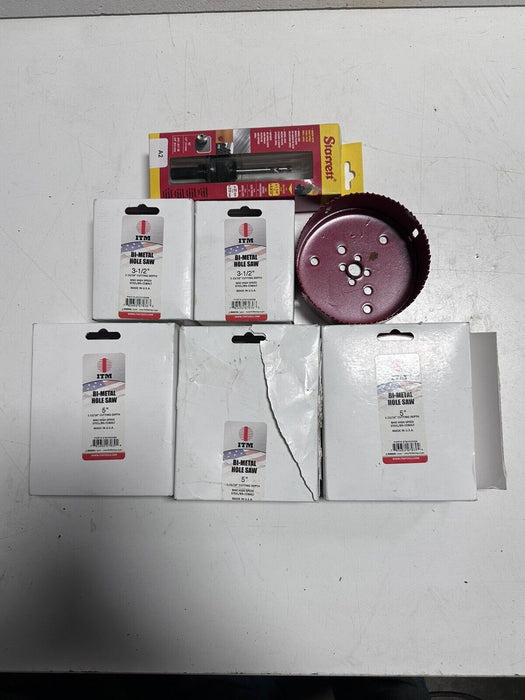 ITM MORSE Bi-Metal Hole Saws & Starrett Arbor Pilot Drill - 7pc Lot 3 1/2” , 5”