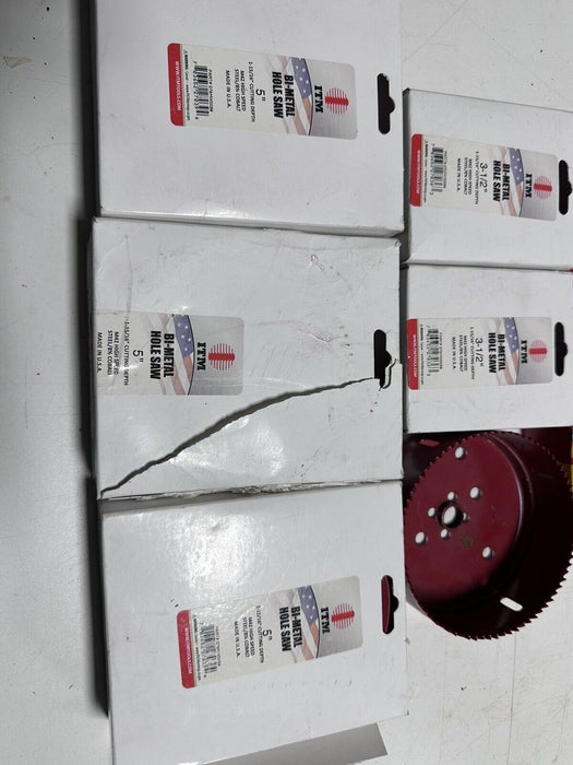 ITM MORSE Bi-Metal Hole Saws & Starrett Arbor Pilot Drill - 7pc Lot 3 1/2” , 5”