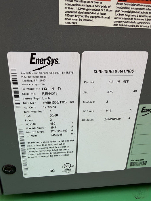 ENERSYS EI3-HL-4Y Enforcer IMPAQ Forklift Battery Charger 480V 3PH + Cables #8