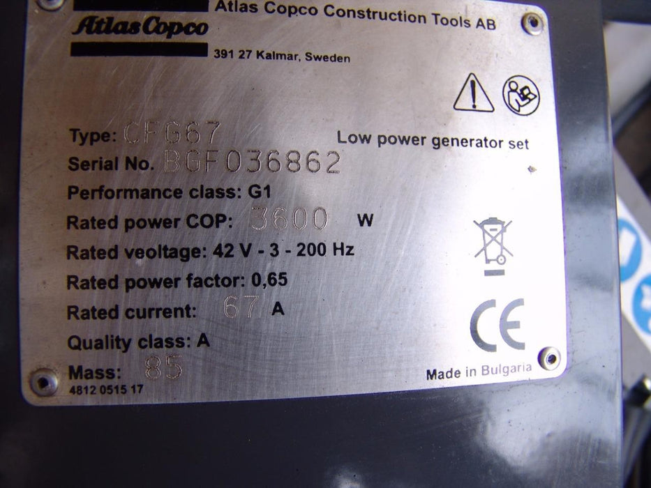 ATLAS COPCO CFG67 HIGH FREQUENCY HONDA GENERATOR WITH 4 CONCRETE VIBRATORS NEW!