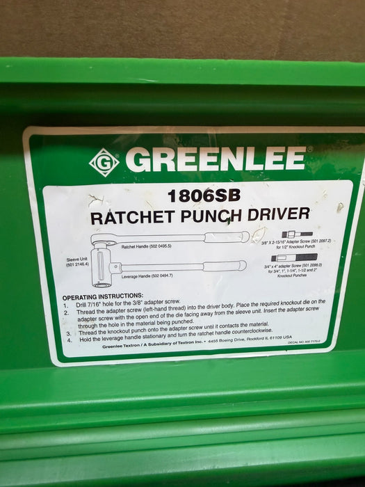 Greenlee 1806 SB  Ratchet Punch Driver Kit w/ 3 Studs & Case for Knockouts NEW