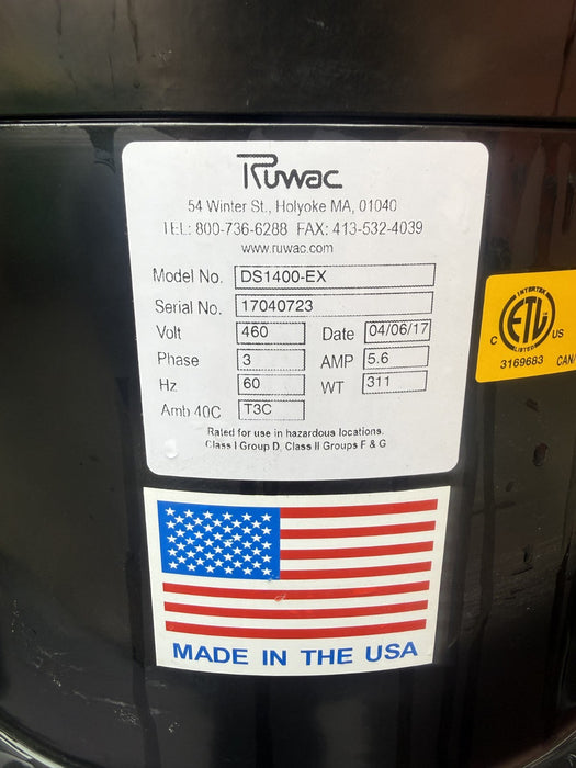 Ruwac DS 1400-EX  Continuous Duty Industrial HEPA Vacuum 5HP.  NEW Condition.