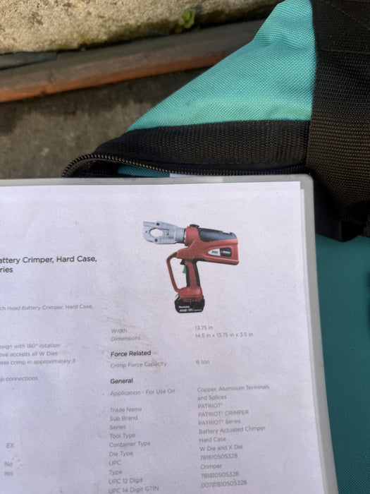 Burndy Patriot 6 ton Series 600 Cordless Electric Crimper  with Dies. Works Fine