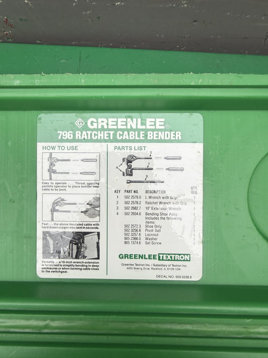 Greenlee 796 Ratchet Cable Bender W/Case  #2