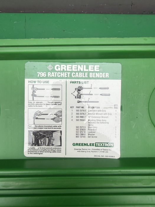 Greenlee 796 Ratchet Cable Bender W/Case