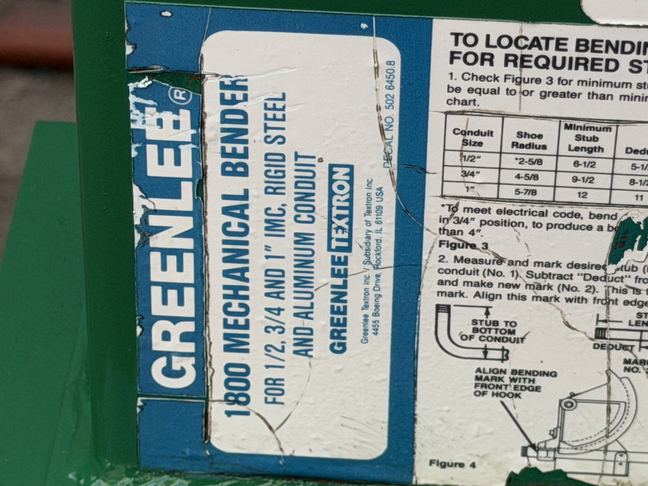 GREENLEE 1800 MECHANICAL CONDUIT PIPE BENDER  1/2" - 3/4" - 1"