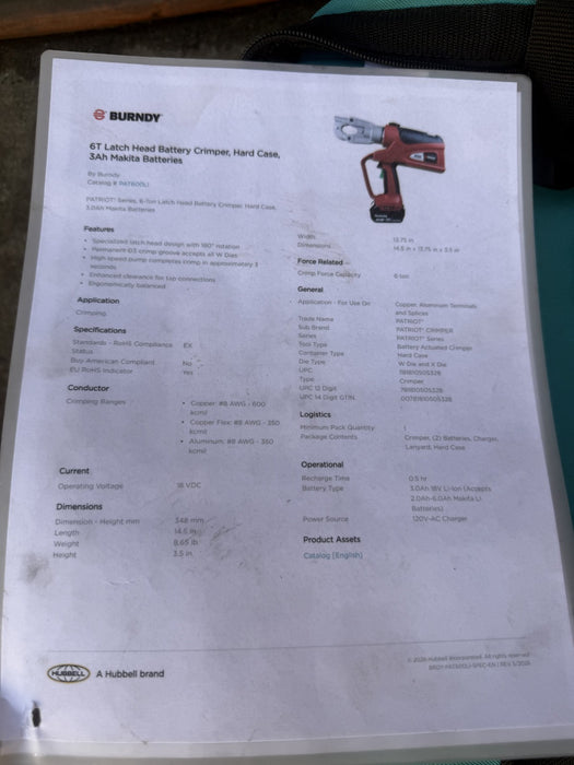 Burndy Patriot 6 ton Series 600 Cordless Electric Crimper  with Dies. Works Fine