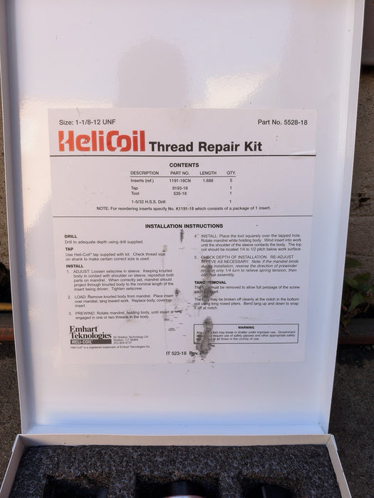 HELI-COIL Thread Repair Kit: 1-1/8"-12 Thread Size, 5528-18