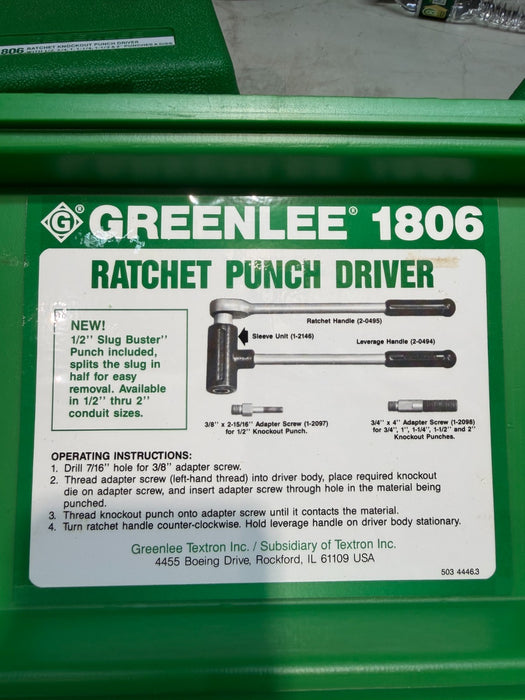 Greenlee 1806 SB  Ratchet Punch Driver Kit w/ 3 Studs & Case for Knockouts NEW