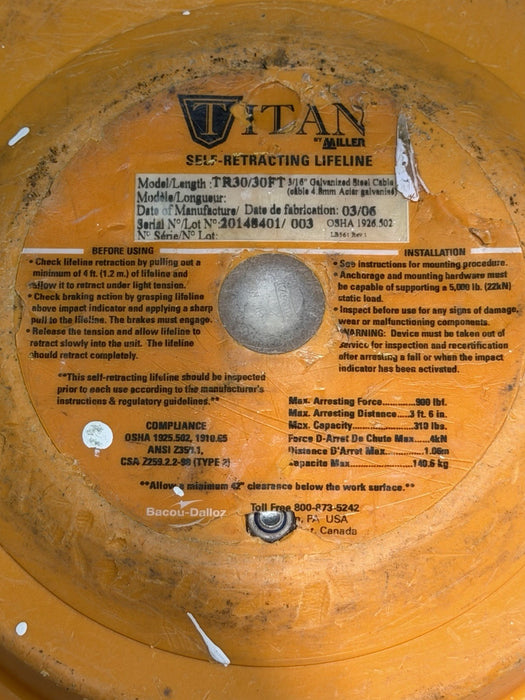 Miller Titan T-30 Self-Retracting Lifeline Fall Protection Safety Device