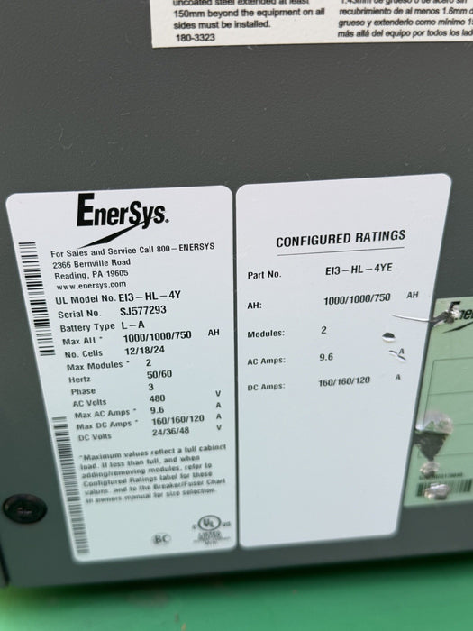 ENERSYS EI3-HL-4Y Enforcer IMPAQ Forklift Battery Charger 480V 3PH + Cables #6