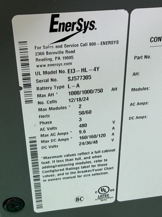 ENERSYS EI3-HL-4Y Enforcer IMPAQ Forklift Battery Charger 480V 3PH + Cables #16