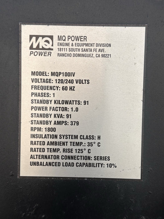 Multiquip MQ 100KW Towable Diesel Generator - MQP100IV 120/240 Only 95 Hrs 2007