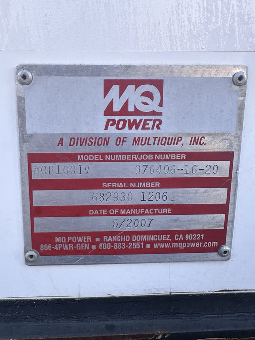 Multiquip MQ 100KW Towable Diesel Generator - MQP100IV 120/240 Only 95 Hrs 2007