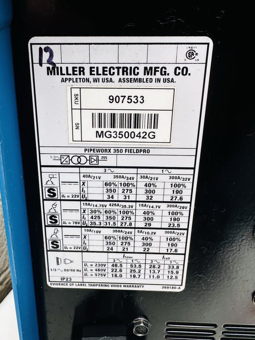 Miller PipeWorx 350 FieldPro Welder 230/460/575 - 1/3 Phase 907533 (Quantity 10)