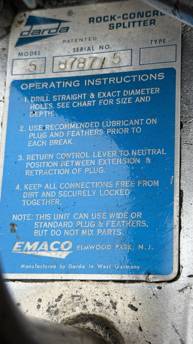 Elco Darda C5 Hydraulic Rock Splitter Concrete Tool With Hydraulic Pump And Hose