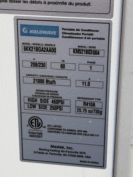 KoldWave 6KK21 Air-Cooled 21K BTU Portable Air Conditioner 6KK21BGA2AA00 #2