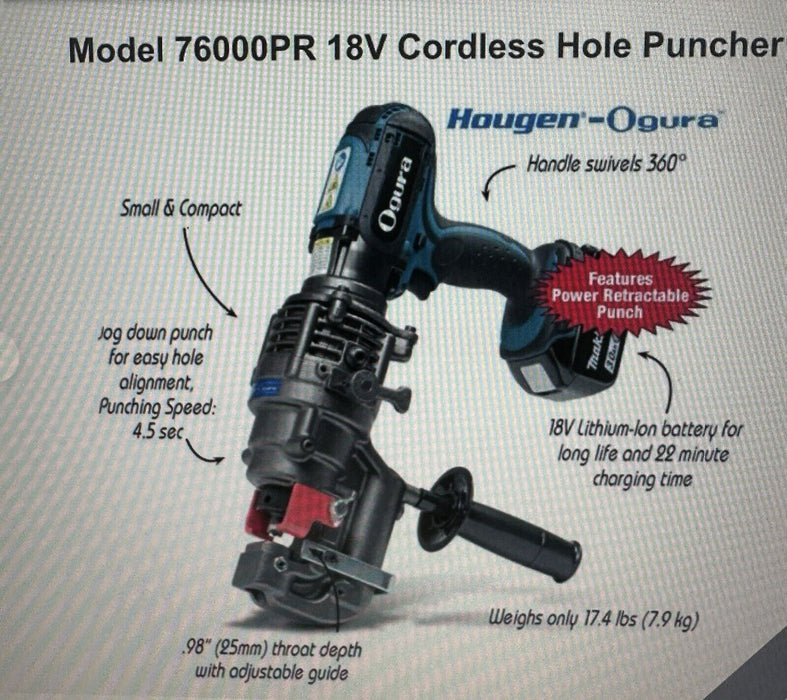 Hougen-Ogura Electro-Hydraulic Cordless 18V Punch Pro Model 76000PR Battery #28