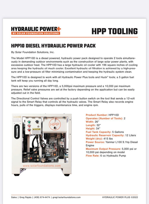 HPP10 Diesel Portable Hydraulic Pump 2-Tool Power Pack 5k Psi, 9HP , 169 Hours