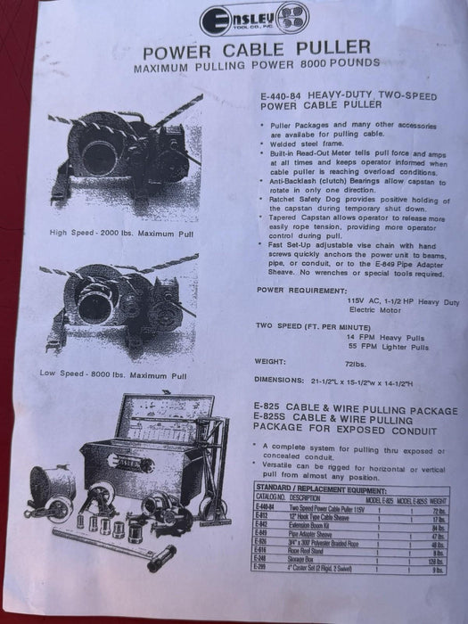 ENSLEY GREENLEE 8000 LBS HEAVY DUTY 2-SPEED CABLE PULLER 440-84 + ACCESSORIES NW