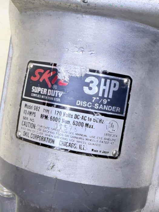 Skil Heavy Duty Disc Sander 7"/ 9" 3HP Pro Formula 6000 RPM 6300 Max Model 982