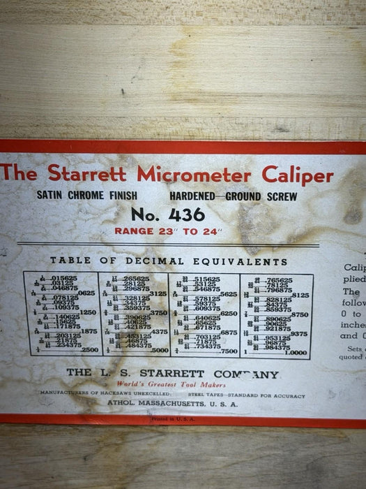 STARRETT NO. 436 OUTSIDE MICROMETER 23 - 24" RANGE W/ CASE MADE IN THE U.S.A.