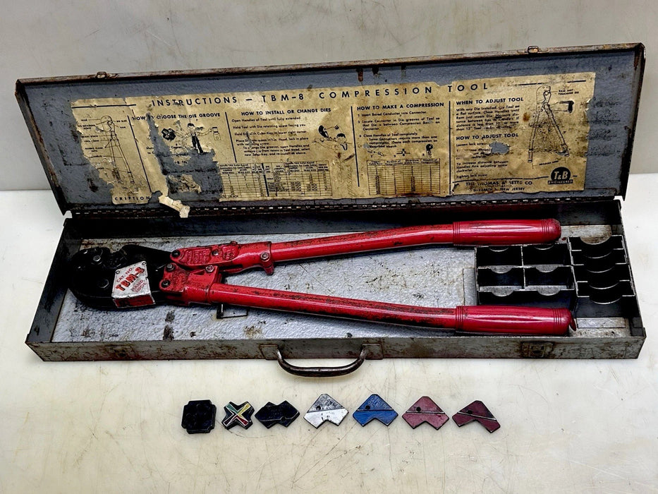 T&B TBM8 THOMAS & BETTS  WIRE CABLE HAND CRIMPER WITH 8 DIES AND Steel Box #BG7