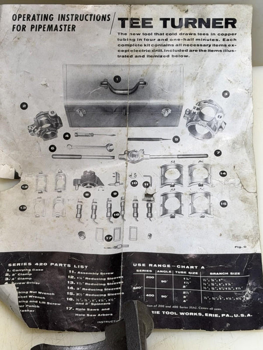 PIPEMASTER TEE-TURNER SET ERIE TOOL COMPLETE SET WITH EXTRAS GREAT SHAPE