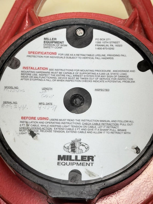 Used Miller Equipment M55-50G Retractable Lifeline 50' Safety Harness #2