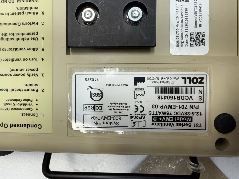 2019 Zoll Impact 731 EMV+ PATIENT MONITOR  Uni-Vent Ventilator NEW BATT .12 HR