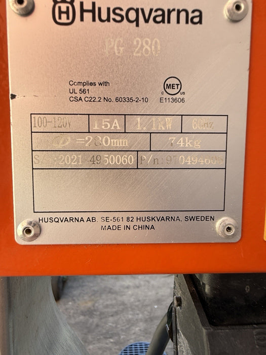 HUSQVARNA PG280 Concrete Grinder Walk-Behind Single-Disc 120V 2021 30.5HRS DEMO