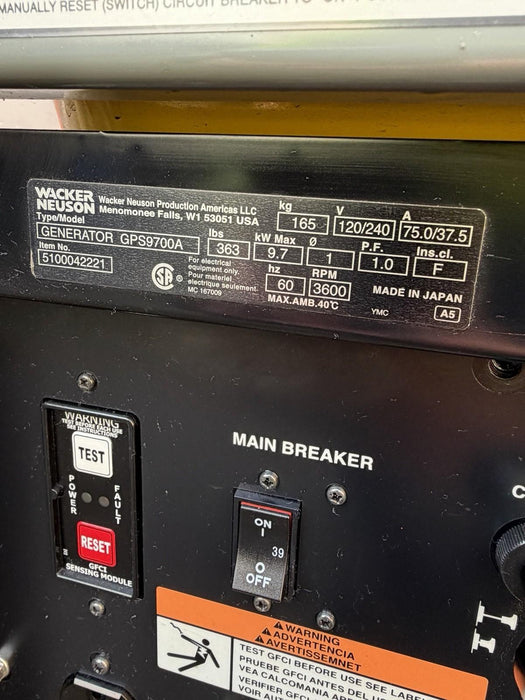 2021 Wacker Neuson GPS9700A 9,700W Portable Generator Honda Gas Genset 59HRS
