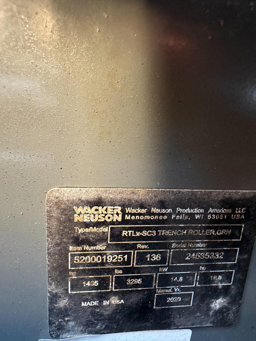 2020 Wacker Neuson RTSC3 Remote Control Trench Compactor Roller 619 Hours