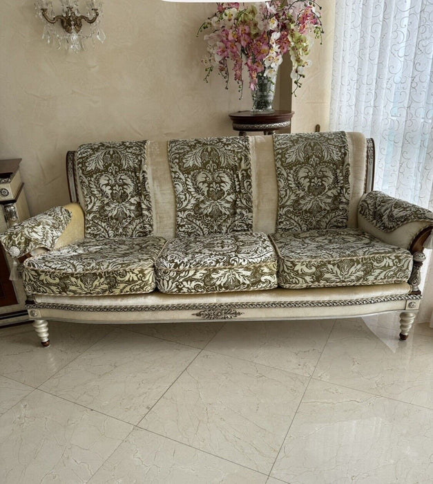 Exquisite 3 Seat Velvet & Wood Italian Sofa By Jumbo Collection, Imported