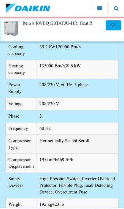 Daikin RWEQ120TATJU 10 ton VRV heat Pump 208-230/3/60 - New